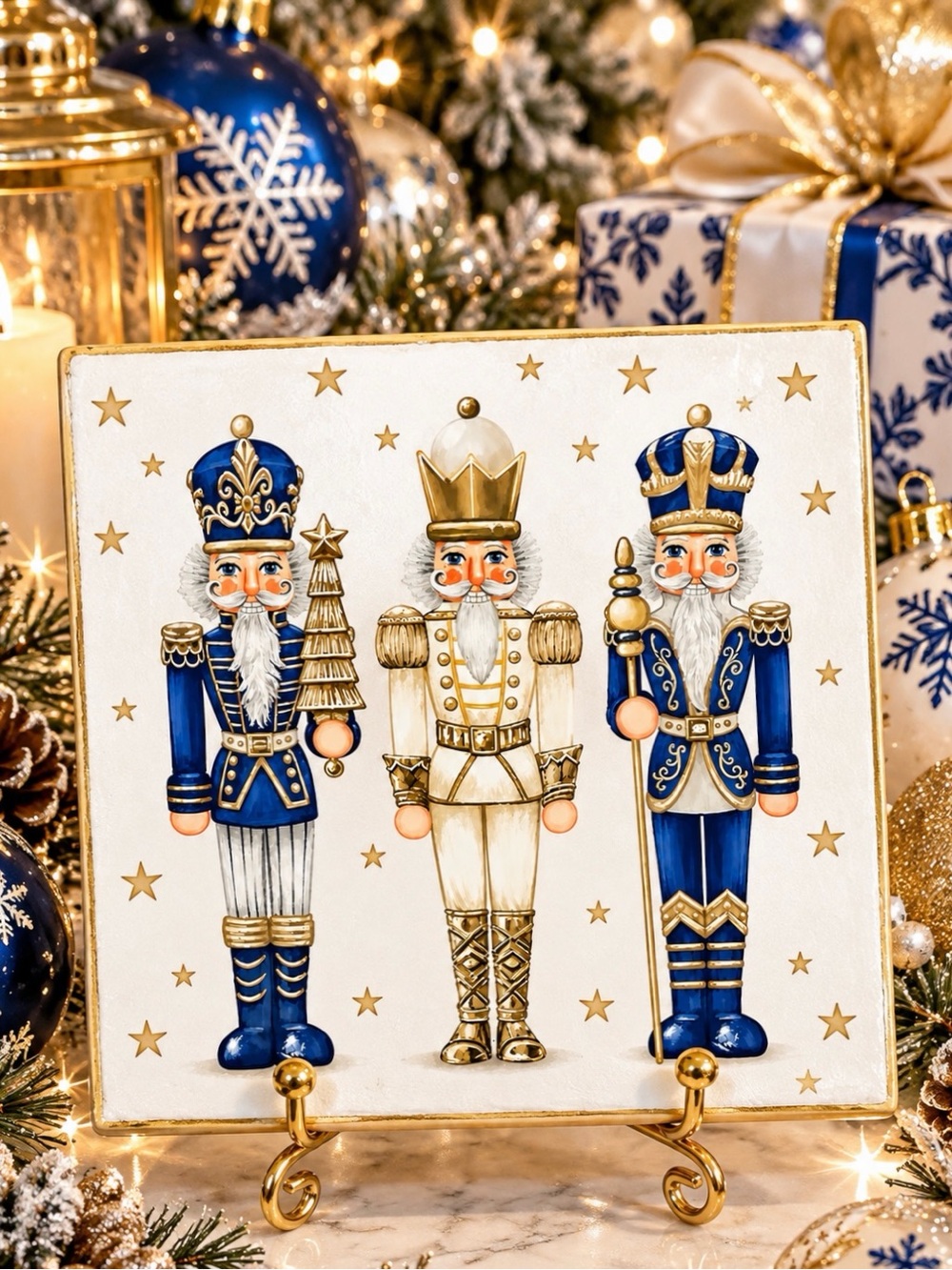 Hand Crafted Blue and Gold Nutcracker Ceramic Coaster Stone with gold stand 4β